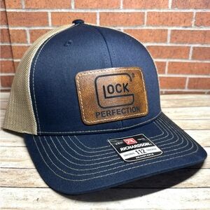 Richardson 112 Glock Leatherette Patch Trucker Hat, Gun Glock Hat, Navy/Khaki